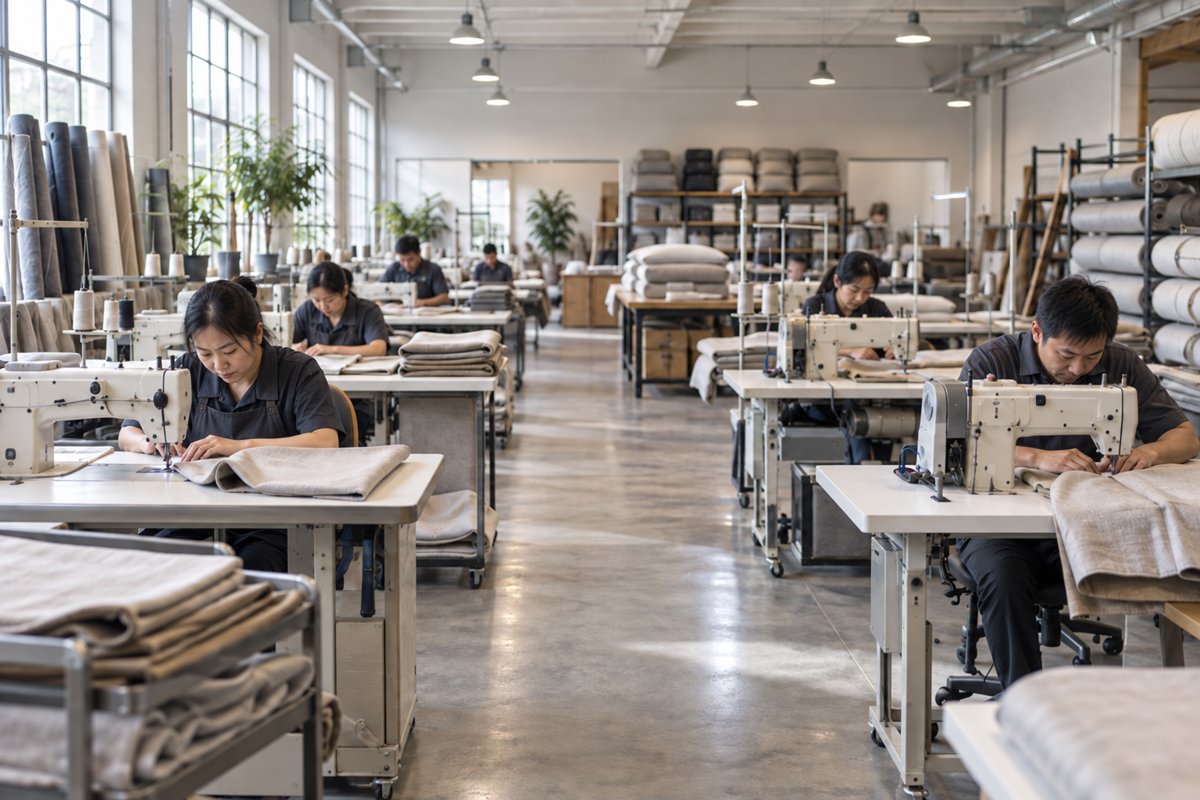 AI-generated illustration of a sewing workshop with adult workers and rows of sewing machines
